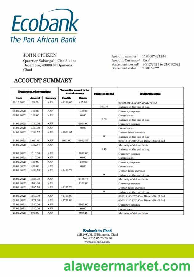 Chad Ecobank bank statement